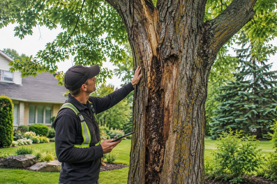 Arborist assessing a diseased tree for health and structural risks in a Fredericton residential yard