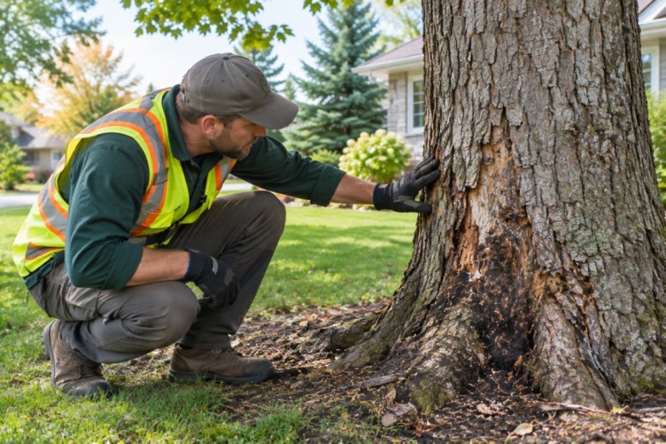 Arborist checking tree bark for root rot damage in Fredericton yard