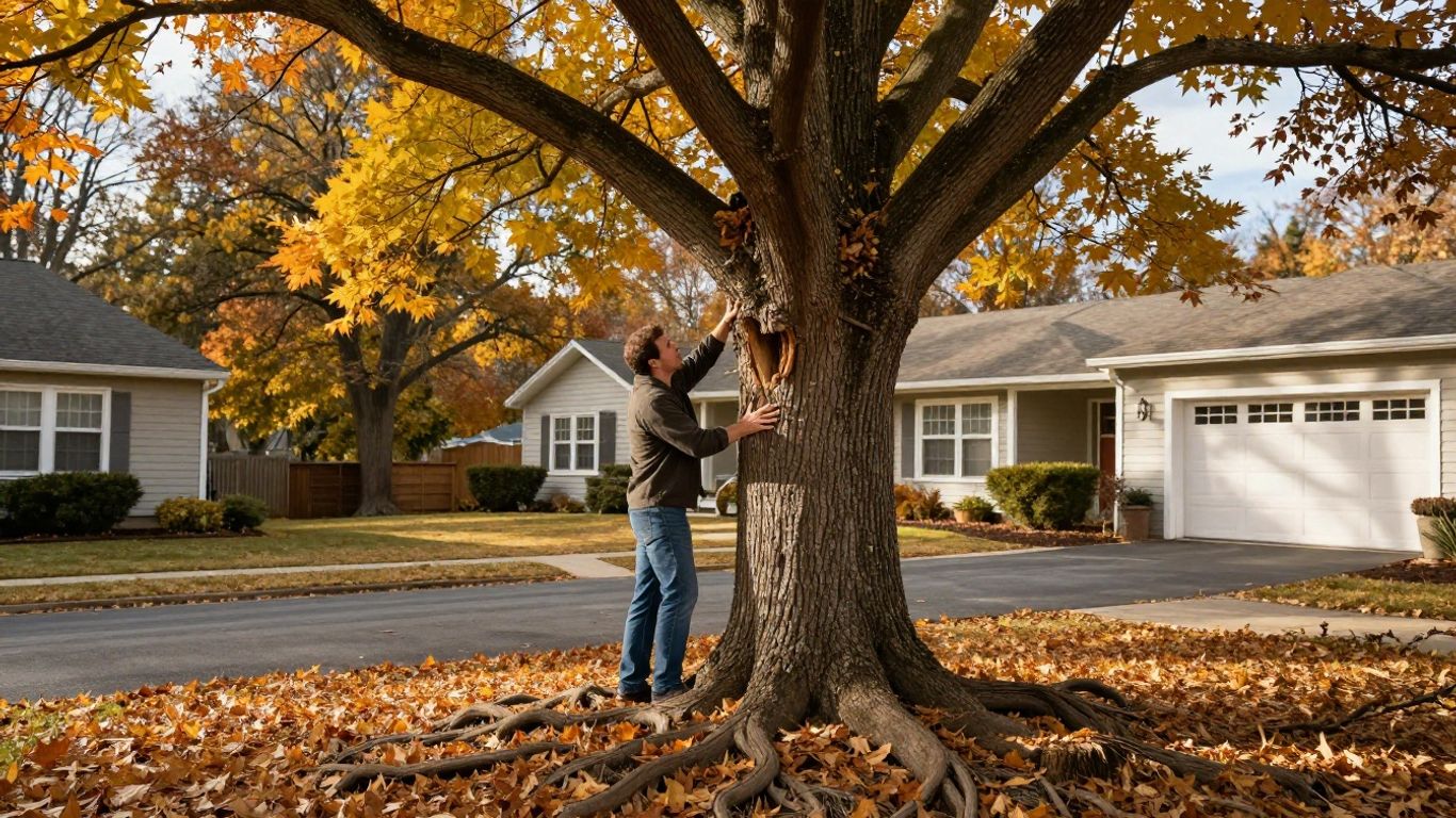 Homeowner inspecting a tree before winter