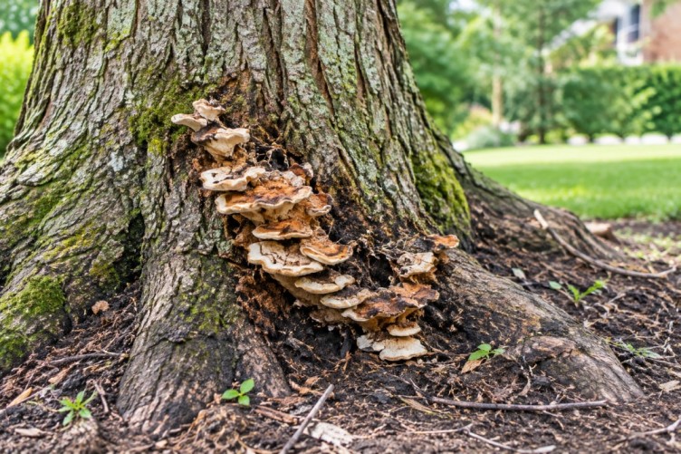 Mushroom fungal growth at tree base indicating root rot