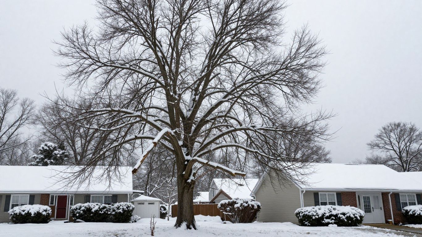 Snow resting on a damaged tree near a home